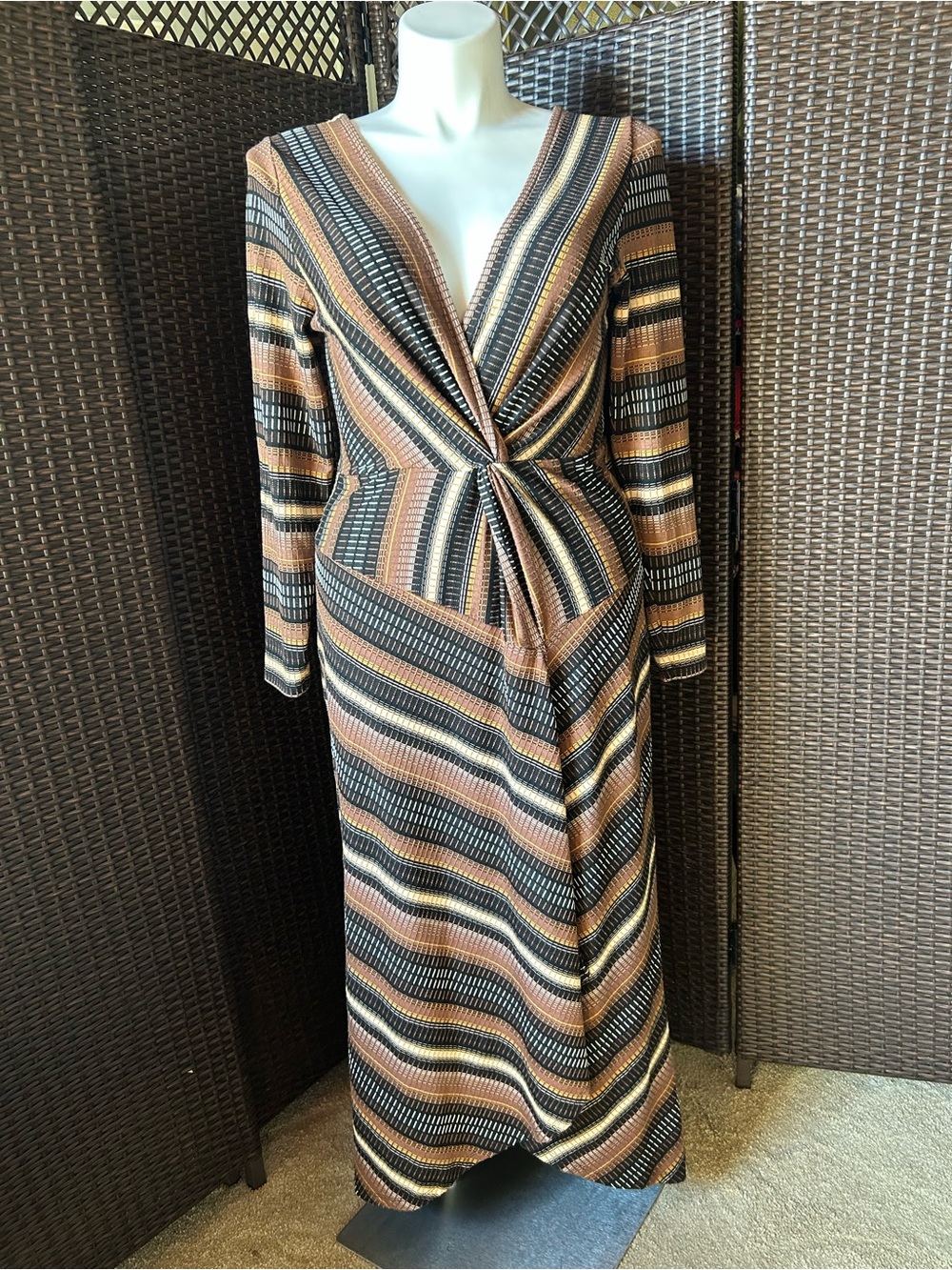 Anthropologie Maeve Striped Wrap Maxi Dress in Black and Brown and Cream XL